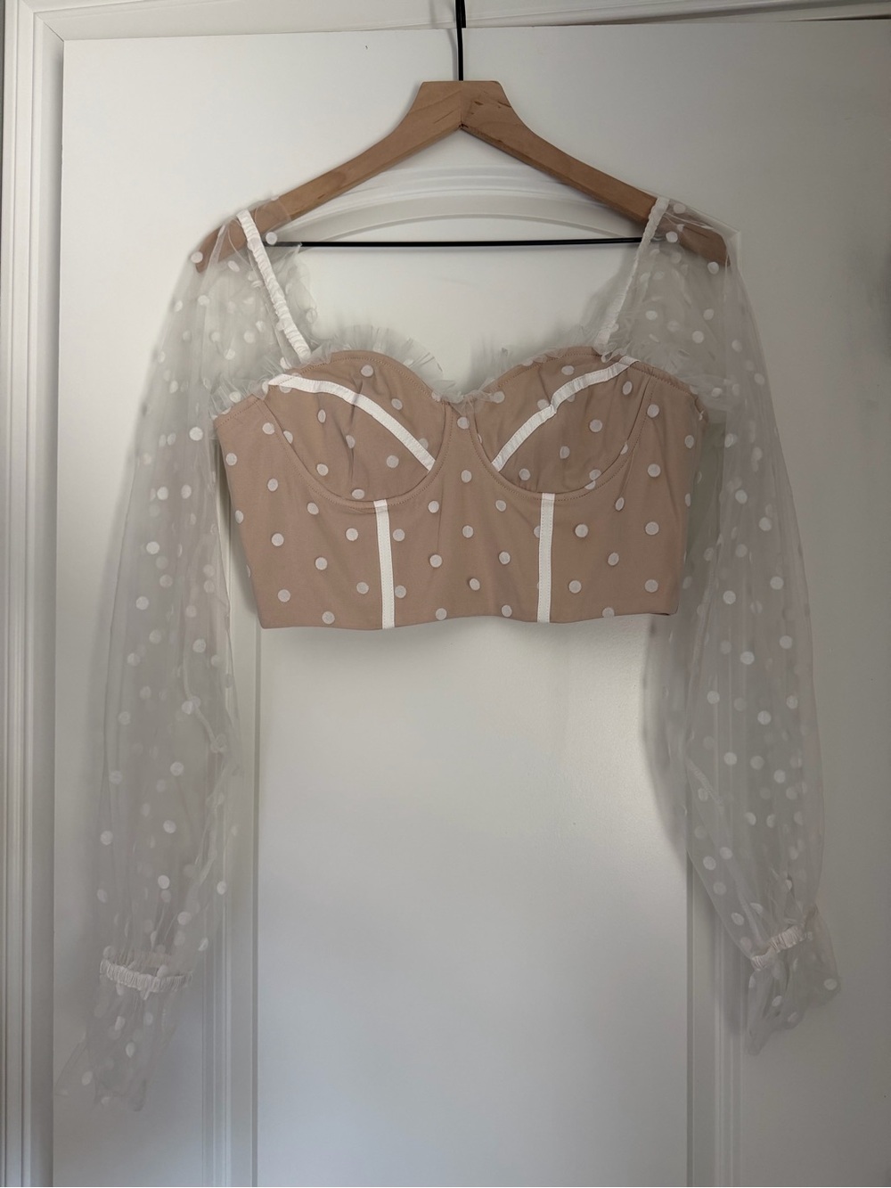 Petal & Pup Beige Polka Dot Bustier Crop Top with Sheer White Sleeves